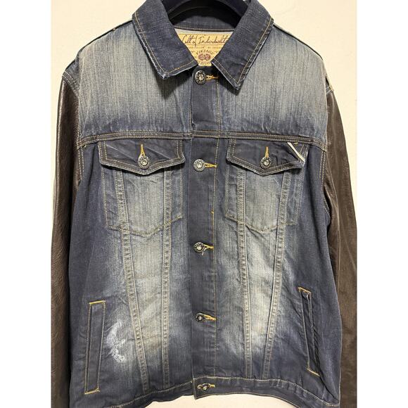 Cult of Individuality Denim Jacket Mens 2XL Leather Sleeves Trucker 628-255A - Picture 3 of 16